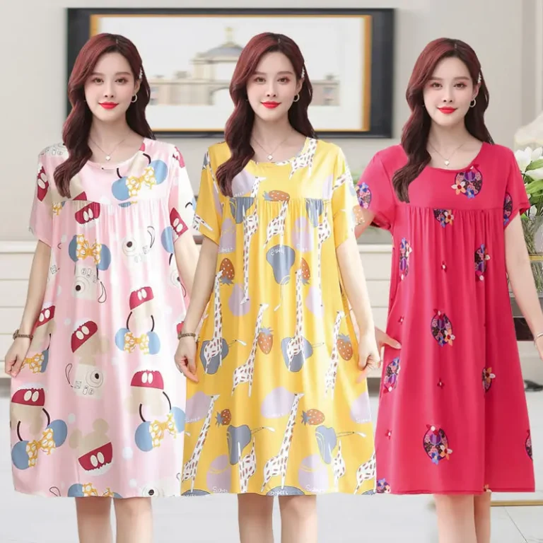 Womens-Cotton-Silk-Nightdress-Short-Sleeve-Plants-Flowers-Elegant-Summer-Pajama-Dress-Mid-Length-Plus-Size-Comfortable-Cool