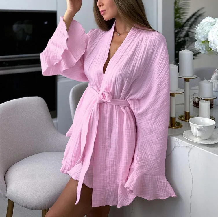 Women's Custom 100% Cotton Bathrobe Set Soft Woven Pajamas Ruffled Full Sleeves Elastic Waist Belt for Spring Robes