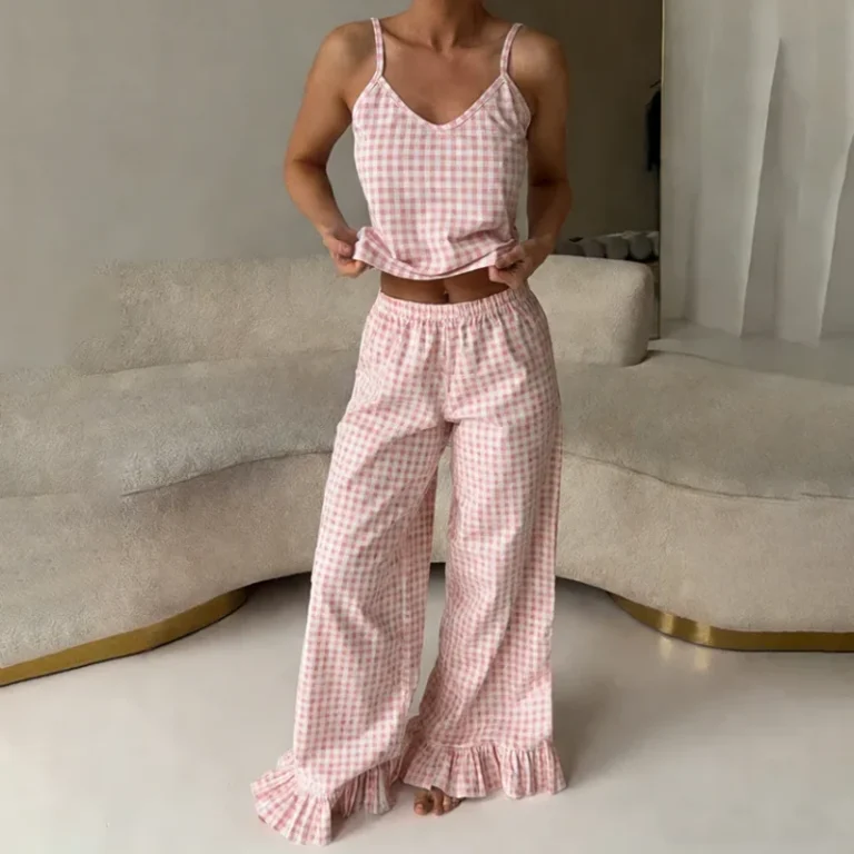 Womens-Custom-OEM-Pure-Cotton-Plaid-Pajama-Set-Camisole-Ruffled-Pants-Two-Piece-Soft-Breathable-Summer-Sleepwear
