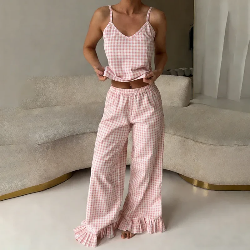 Womens Custom OEM Pure Cotton Plaid Pajama Set Camisole Ruffled Pants Two Piece Soft Breathable Summer Sleepwear