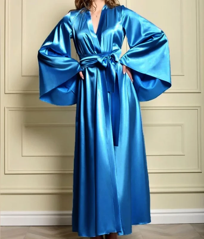 Women's Elegant Luxury Robes Solid Color Bathrobe with Flare Sleeves Women's Summer and Spring Sleepwear Loungewear