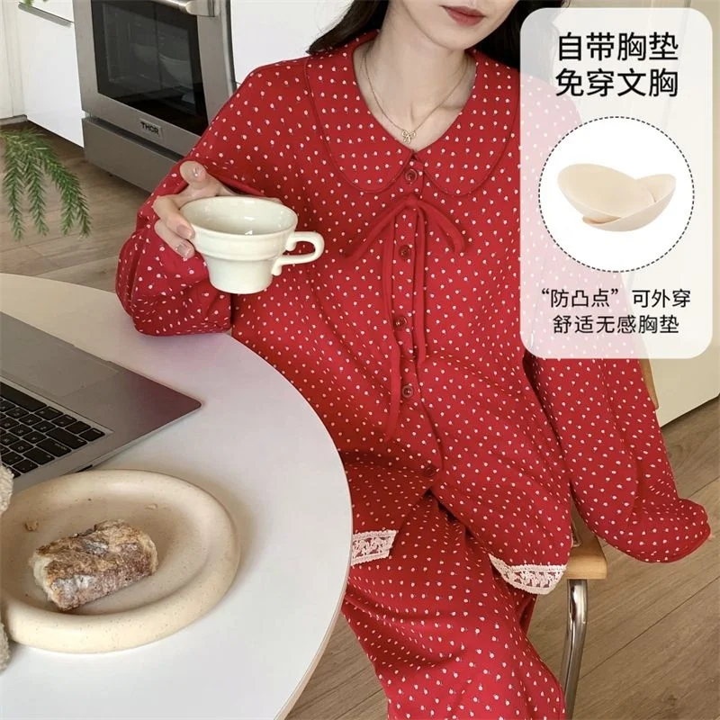 Women's Elegant Printed Knitted Soft Breathable Long Sleeves Sleepwear Fashion Lace Trim Cozy Pajamas Set