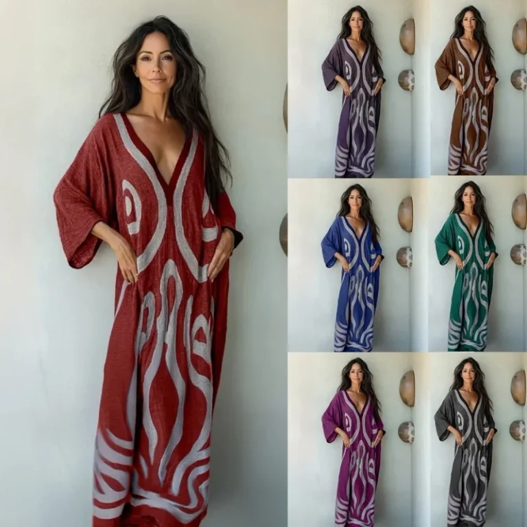 Womens-European-American-Style-Loose-V-neck-Bohemian-Geometric-Pattern-Spring-Robe-Beach-Holiday-Home