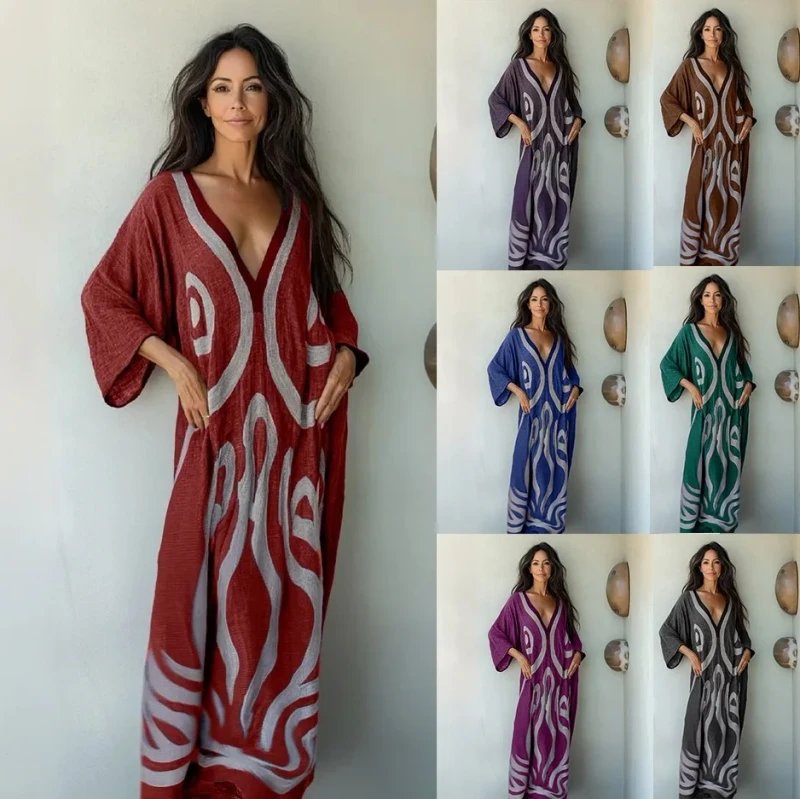 Women's European American Style Loose V-neck Bohemian Geometric Pattern Spring Robe Beach Holiday Home