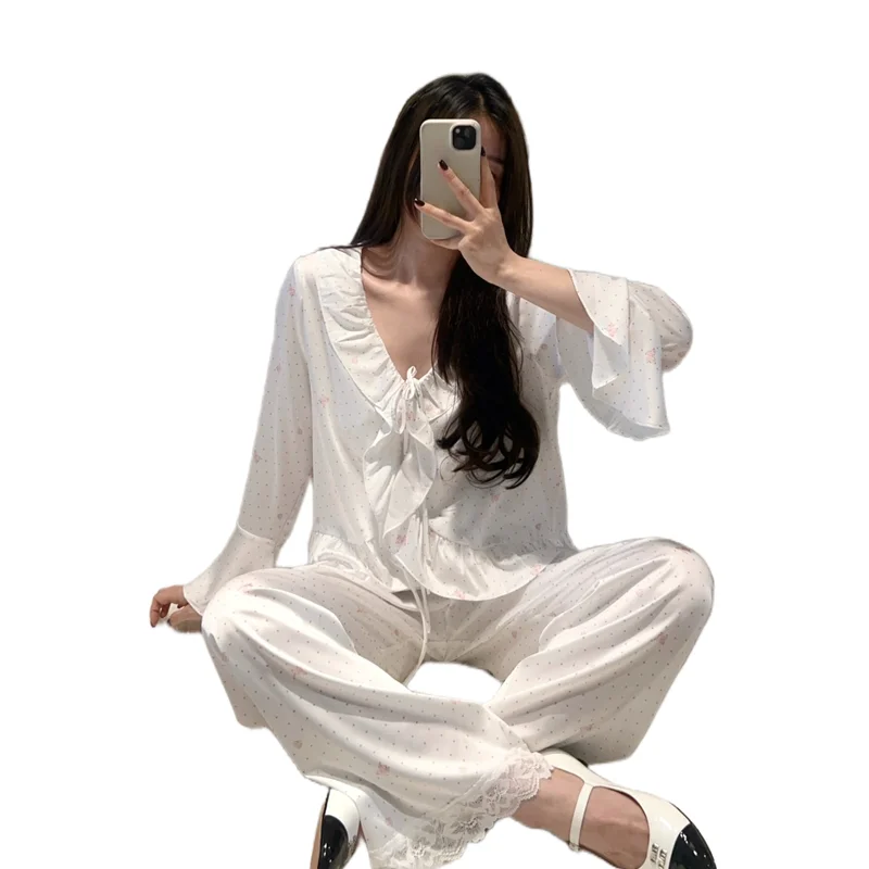 Women's Fairy Style French Style Ice Silk Pajamas Set Long Sleeve Camisole Long Pants Polka Dot Solid Spring Autumn Homewear