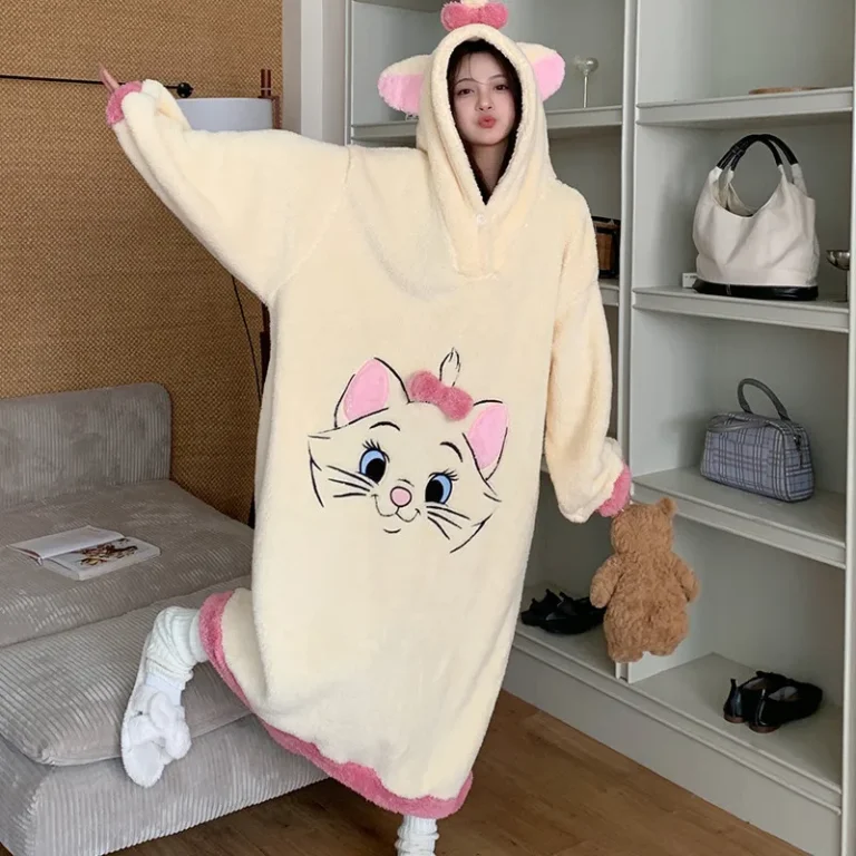 Womens-Fall-Winter-Cartoon-Cat-Pajamas-Cute-Home-Dress-Suit-Coral-Velvet-Padded-Nightgown-Warm-Sleepwear