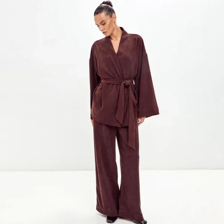 Womens-Fashion-2-Piece-Set-Robe-With-Wrap-Belt-Full-Sleeves-Spring-Kimono-Robes-Women-With-Pants-Ribbed-Bathrobe