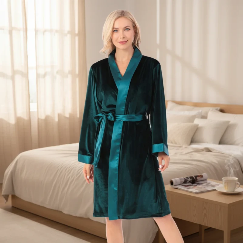 Women's Fashion Casual Elegant Velvet Kimono Robe with Long Sleeves and Knee Length for Spring Autumn Sleepwear