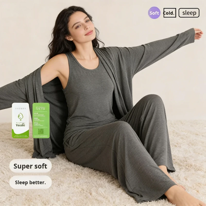 Women's Fashion Casual Pajama Set Shawl Long Sleeve Long Pants Spring Summer Elastic Waist Breathable Homewear Outerwear