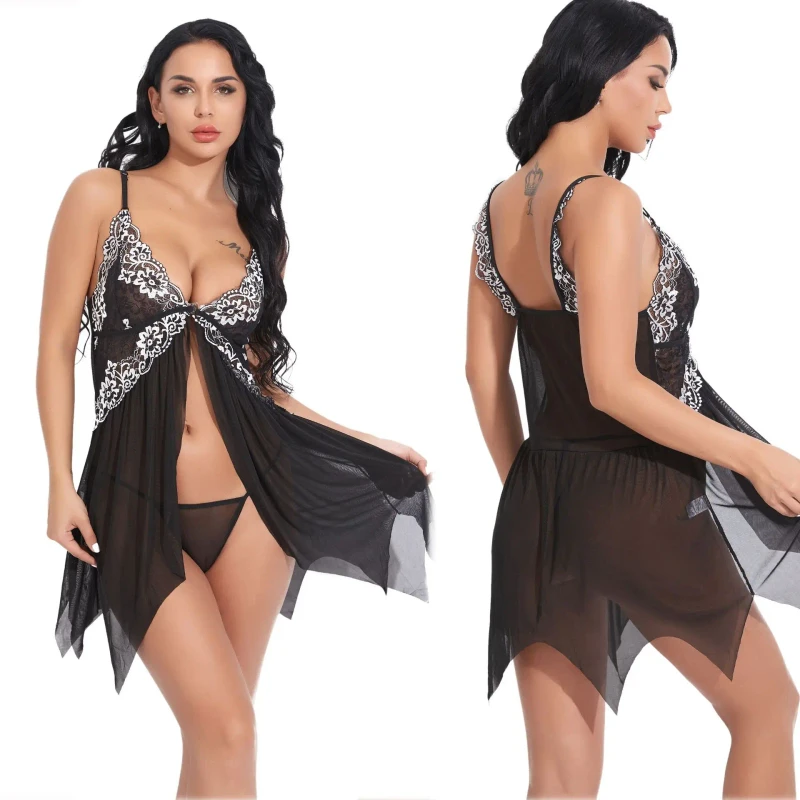Women's Fashion Deep V Sexy Lace Translucent Suspender Nightdress Sexy Lingerie at Night