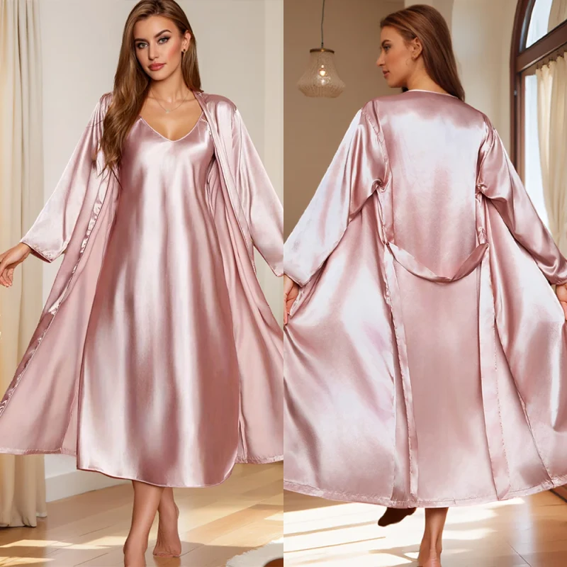 Women's Fashion Robe Set Loose Robe Camisole Nightgown Bathrobe Loungewear Long Sleeve Kimono Silk Bathrobe