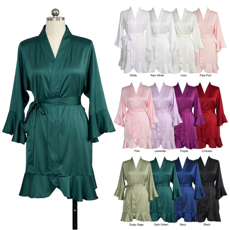 Women's Fashion Sexy Silk Matte Satin Kimono Robe Ruffle Three-Quarter Sleeves Soft Smooth for Bride Bridesmaid Wedding Party