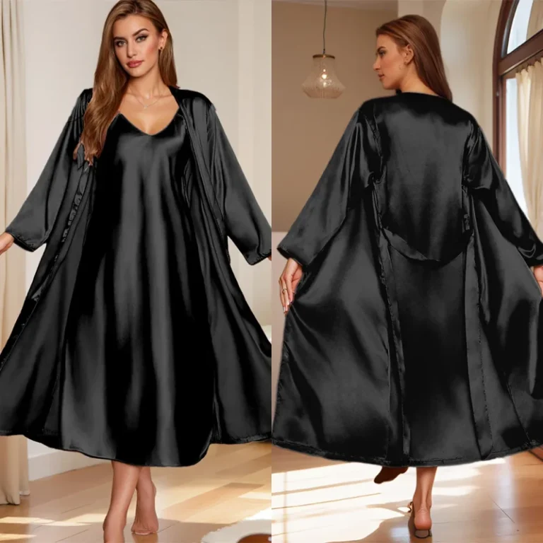 Womens-Fashion-XL-Loose-Satin-Muslin-Bathrobe-Nightdress-Set-Custom-Logo-Printed-Homewear-for-Autumn-Use