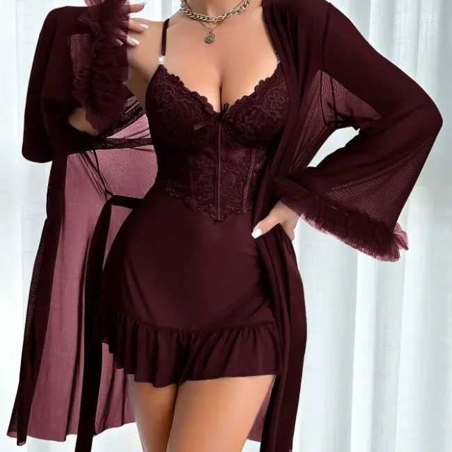 Women's Fashionable and Elegant Lace Robe Set Sexy Solid Pattern for Summer and Spring Seasons