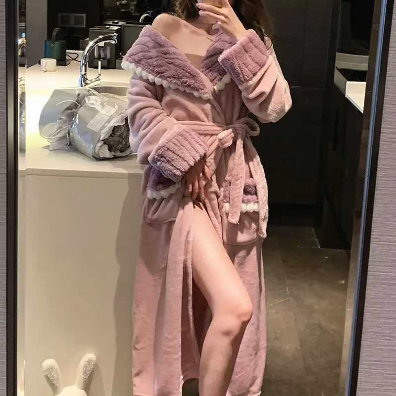 Women's Flannel Pajama Casual Nightgown Robe Breathable and Soft with Smooth Solid for Autumn and Winter