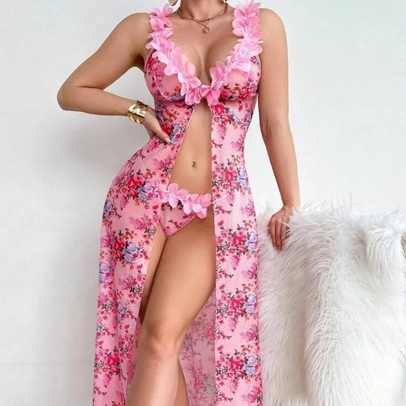 Women's Floral Deep V Neck Lace Long Nightdress with High Slit, 2 Piece