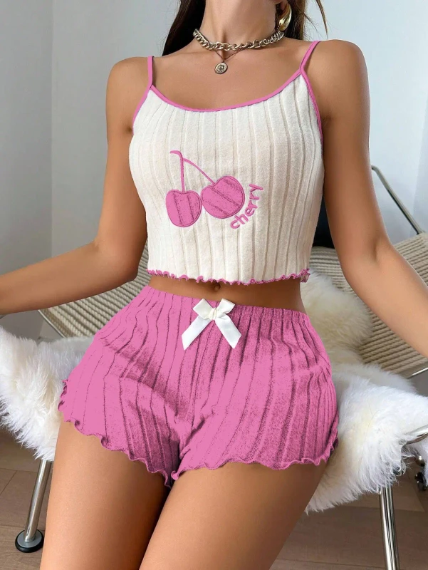 Women's Floral-embroidered O-Neck European-American Style Summer Homewear Pajama Set Elastic Waist Brushed Cotton Satin Camisole
