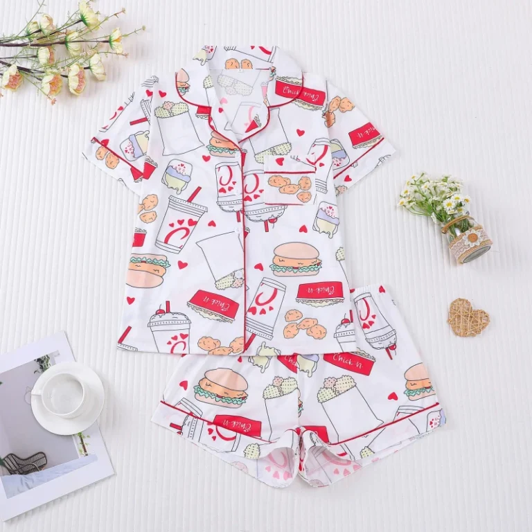 Womens-Food-Hamburger-Print-Plus-Size-Two-Piece-Lounge-Wear-Summer-Family-Matching-Sleepwear-with-Front-Logo