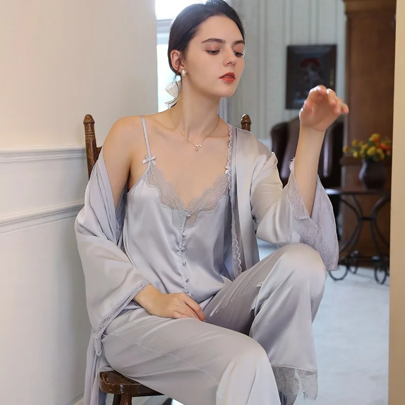Women's French Style Breathable Solid Luxury Camisole Pajama Set Three Piece Satin Loungewear Cardigan for Spring Summer Autumn