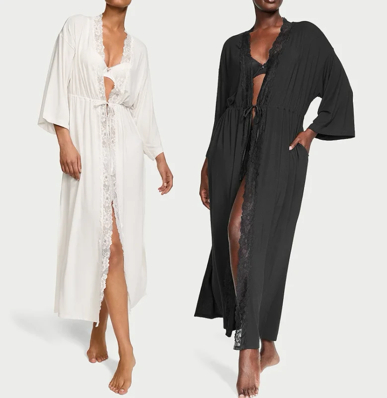 Women's Full-Length Kimono Robe Breathable Black and White with Logo on Back Neck OEM Service Solid Pattern