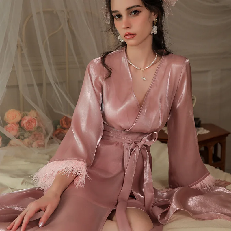 Women's Fur Nightgown Bathrobe Sleepwear Feather Bridal Robe with Belt