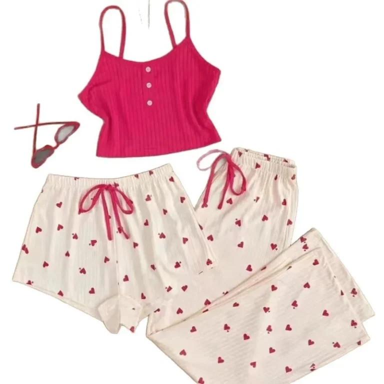 Womens-Heart-shape-Three-piece-Pajama-Set-Sweet-Cute-Camisole-Long-Pants-Breathable-Summer-Loungewear