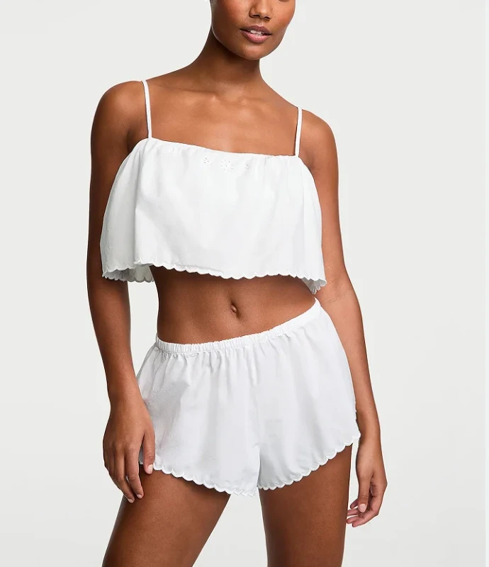 Womens-High-Elastic-Pajamas-Set-Breathable-100-Cotton-Shorts-Camisole-with-Plaid-Pattern-Embroidery-Two-Pieces-Plain-Dyed
