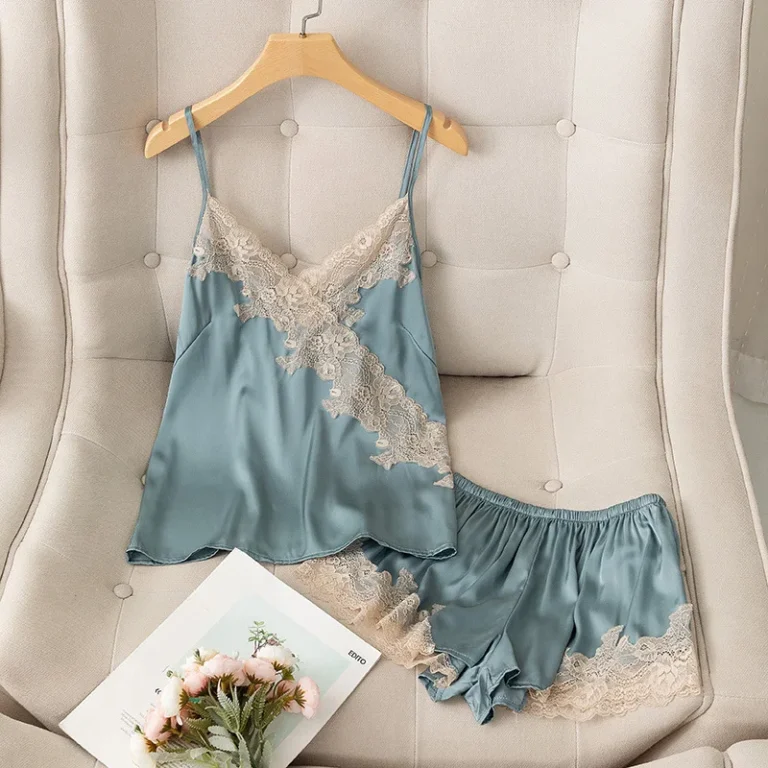 Womens-High-End-Spring-Summer-Thin-Ice-Silk-Camisole-Shorts-Two-Piece-Pajama-Set-Internet-Celebrity-Style-V-Neck-Tank-Top