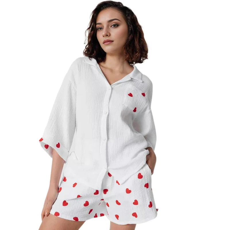 Women's Homewear Heart Print Three quarter Sleeve Shorts Two piece Set Pure Cotton