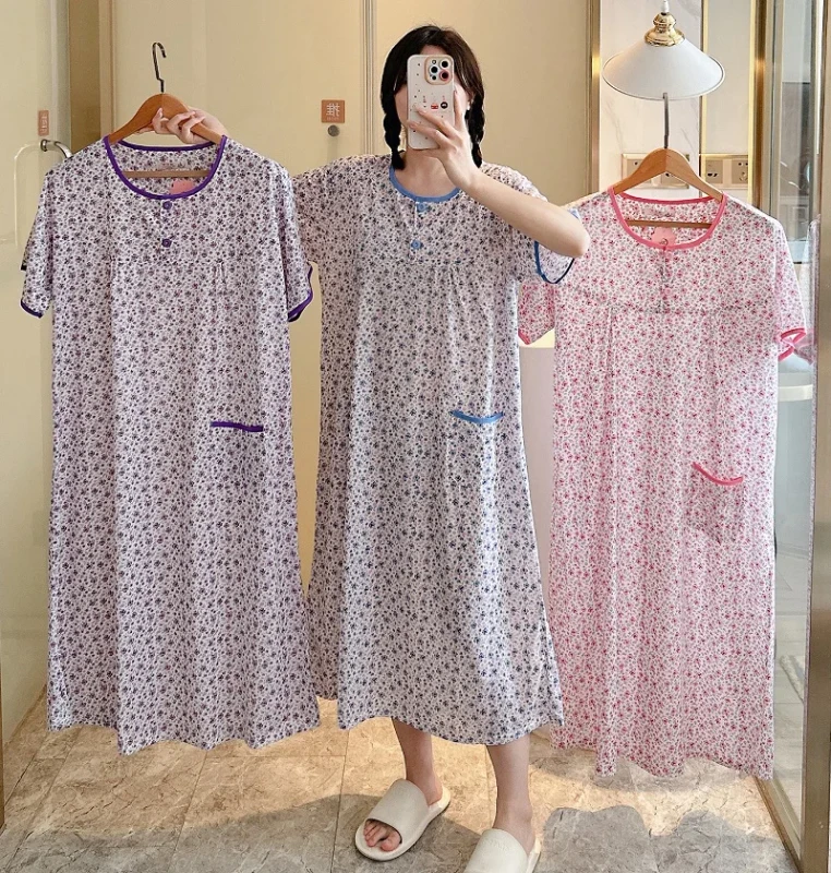 Women's Hospital Sleepwear Maxi Dress Short sleeve With Button Pajamas T Shirt Dress Nightwear Thin Soft Pocket Nightgown