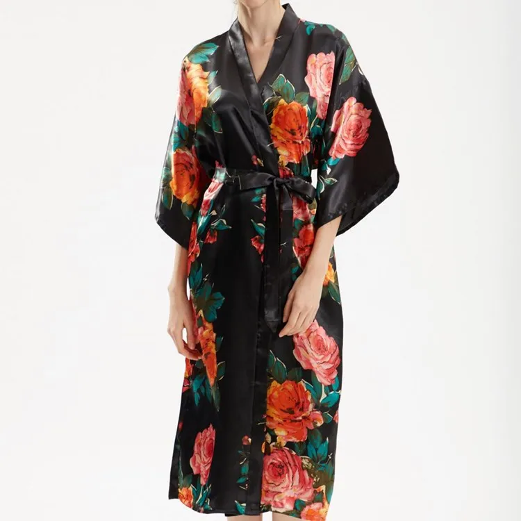 Women's Kimono Bridal Robes Wedding Silk Loose Print Flower Satin Kimono Bathrobe Long Robe Gown