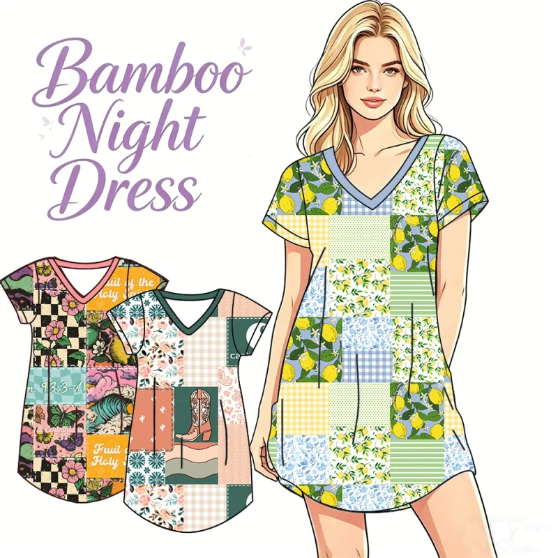 Women's Knee Length V Neck Short Sleeve Breathable Milk Silk Bamboo Nightgown with Elastic Waist Side Pocket Custom Logo Option