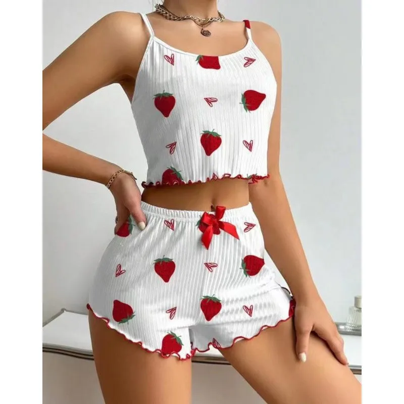 Women's Knitted Pajamas Set Sleepwear 2 PCS Short Tank Tops and Shorts S M L White Ventilate Quick Dry Soft Casual Love Printing