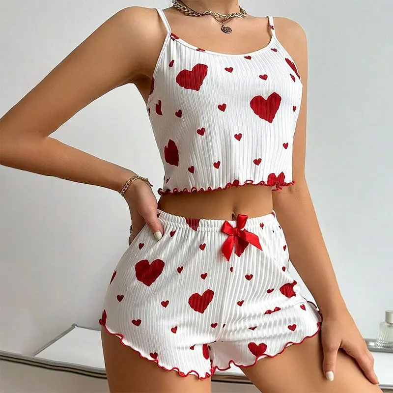 Women's Knitted Pit Stripe Print Sweet Camisole Pajamas
