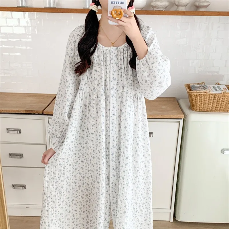 Women's Korean Style Pajamas ins Spring and Autumn Gentle Small Floral Simple Comfortable Set Casual Loose Nightdress Homewear