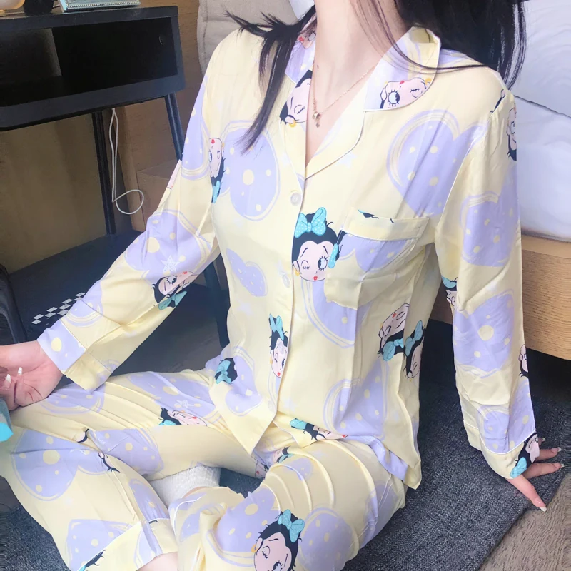 Women's Korean-Style Summer Breathable Sleepwear Set Elastic Waist Thin Long Sleeve Cardigan & Pants for Home Comfort