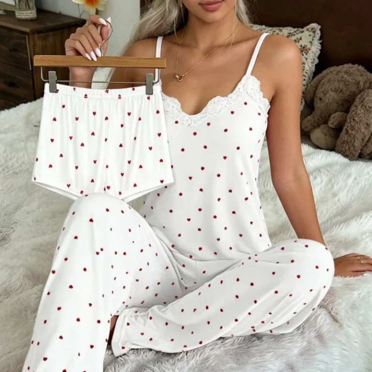 Womens-Lace-Full-Length-3-Piece-Pajama-Set-Sleeveless-Camisole-Sleepwear-European-American-Strap-Style-Polyester-Spandex