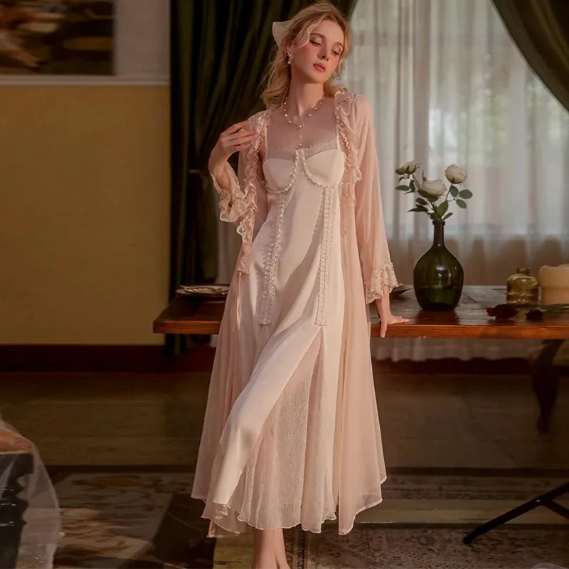 Women's Lace Mesh Silk Long Nightgown Flounce Pyjamas Sleepwear Nightdress and Robe Set