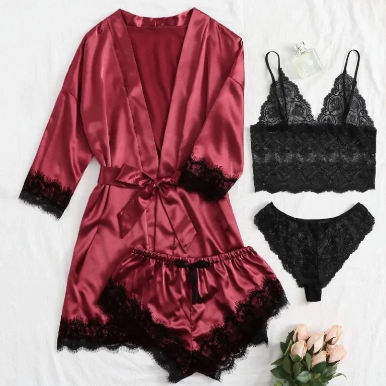 Womens-Lace-Pajamas-Four-piece-Set-Sexy-Lace-Halter-Medium-Long-Sleeve-Tied-Waist-Silk-Slip-Robe