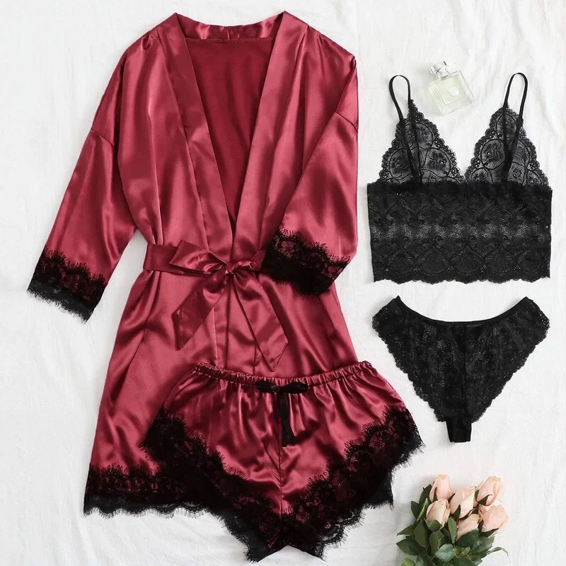 Women's Lace Pajamas Four piece Set Sexy Lace Halter Medium Long Sleeve Tied Waist Silk Slip Robe