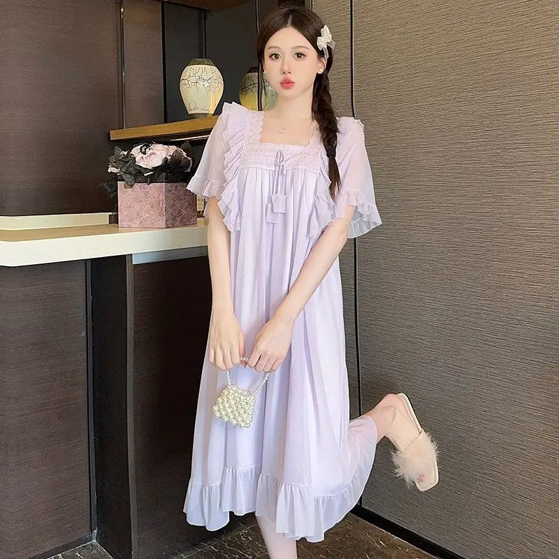 Women's Lace Trim Pajamas Dress Mesh Gauze Nightdress