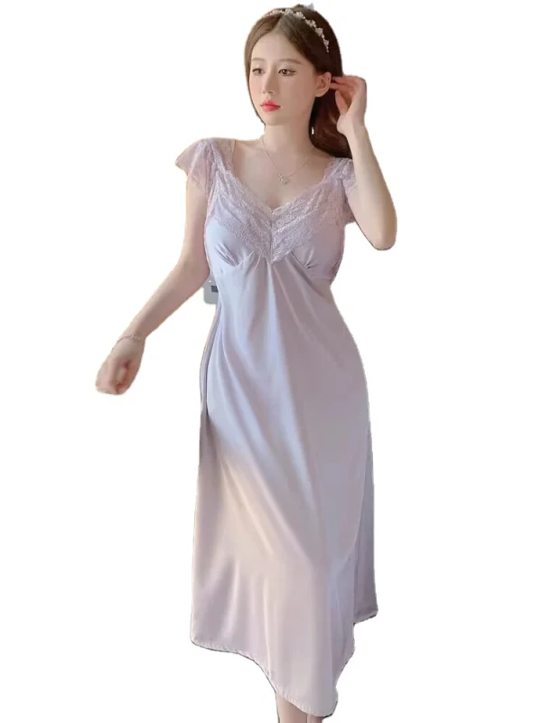 Women's Lace Trim V-neck Camisole Nightdress Long Sleeveless