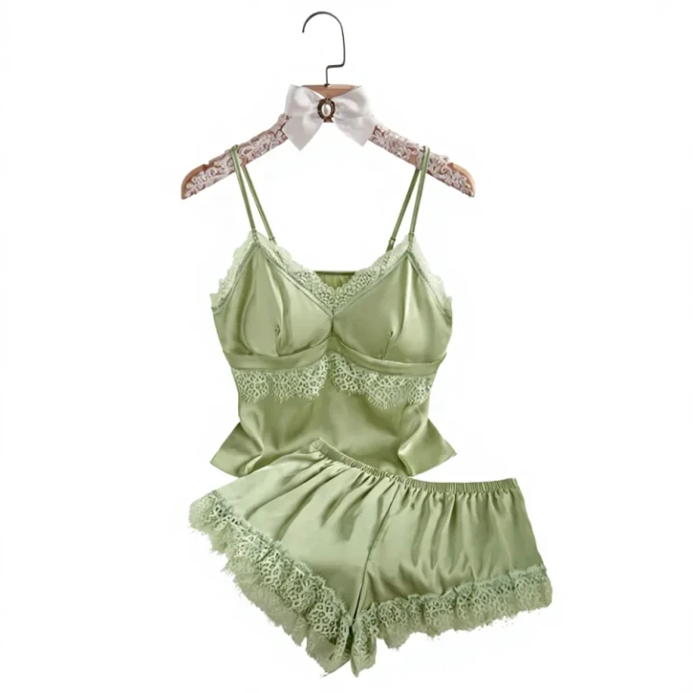 Womens-Light-Green-Satin-Lace-Camisole-Pajama-Set-Padded-Cup-Polyester-Sleepwear