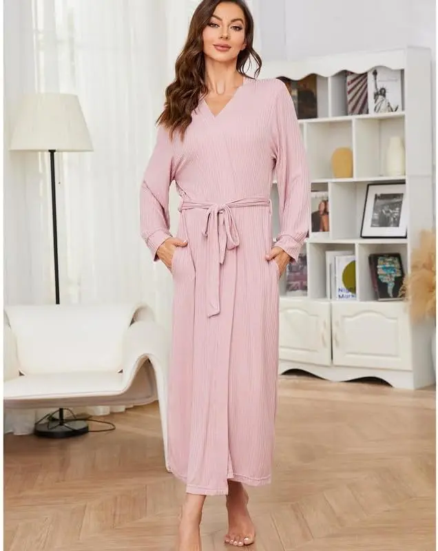 Women's Lightweight Full Length Knit Bathrobe Soft Long Robe for Sleepwear and Loungewear Thermal Feature