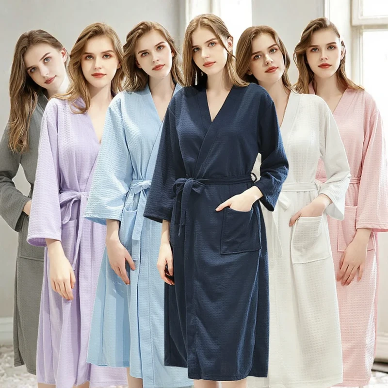 Women's Lightweight Waffle Robe, Solid Pattern, Thermal Absorbent Bathrobe, Spa & Sauna Use