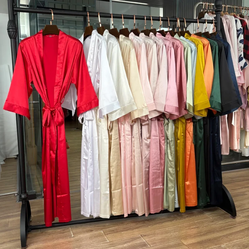 Women's Long Silk Satin Kimono Robe Solid Color Bridal Wedding Morning Gown