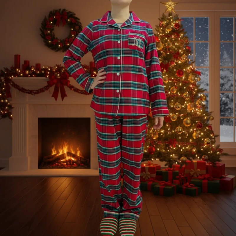 Women's Long Sleeve 100% Cotton Pajama Set Christmas Stripes Elastic Waist Winter Sleepwear