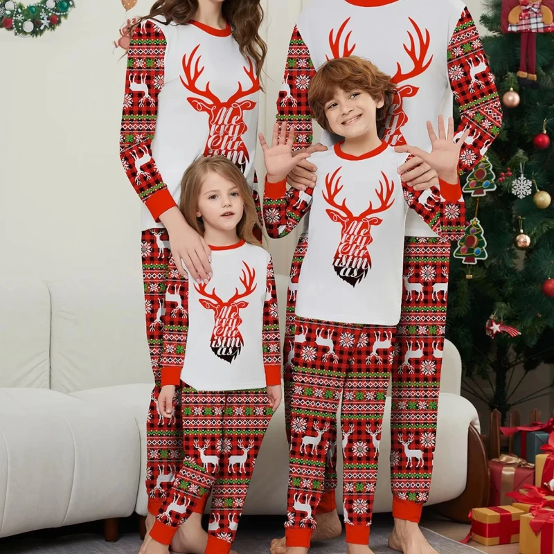 Women's Long Sleeve Custom Christmas Home Pajamas Set Reindeer Head Printed Elastic Waist Closure Low MOQ Dropshipping