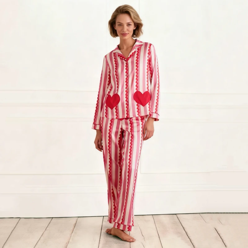 Women’s Long Sleeve Pants Pajama Set with Lace Design
