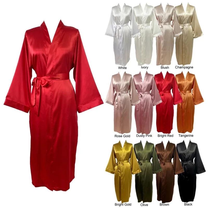 Women's Long Sleeve Silk Satin Kimono Robe Soft Smooth Calf-Length Wedding Birthday Party Spa Morning Gowns
